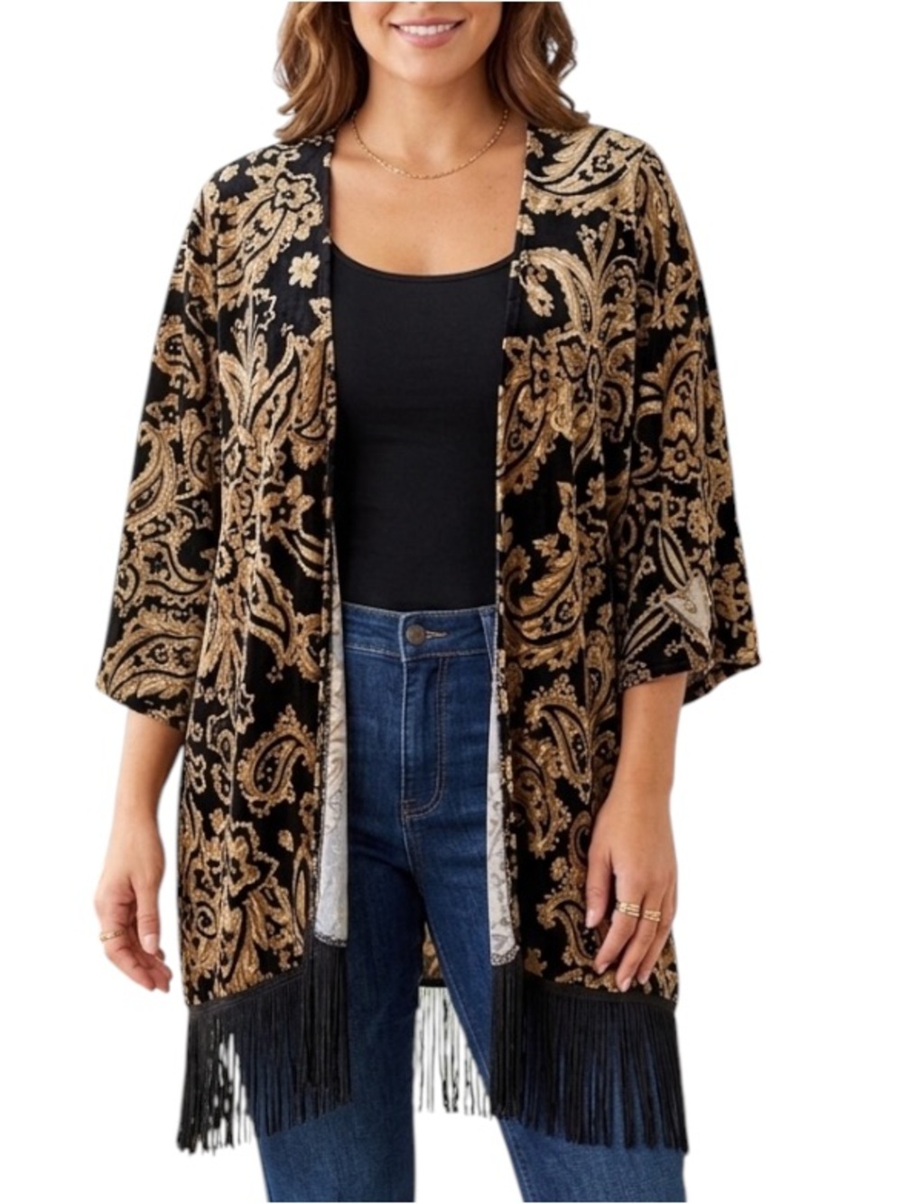 Judith March Paisley Velvet Fringe Kimono Cardigan